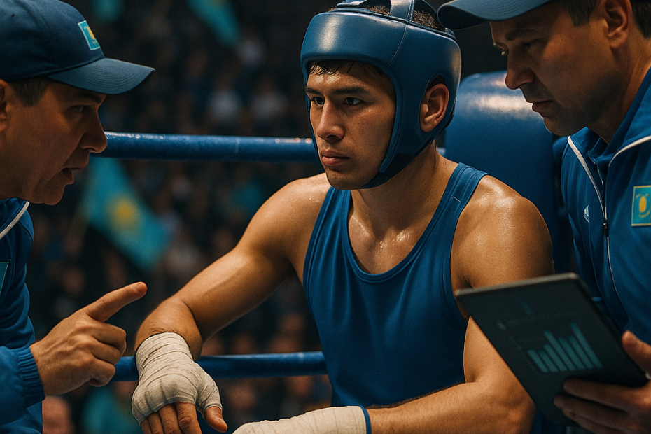 Kazakhstan boxer between rounds, coaches strategize, crowd supports with turquoise and gold flags